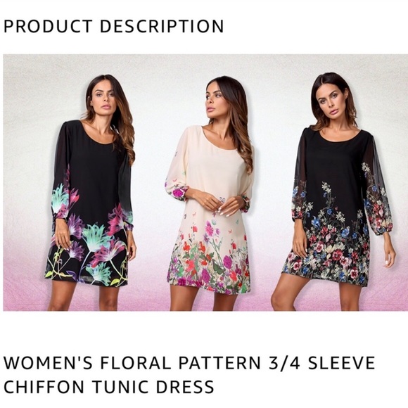 DJT Shift Chiffon Dress 3/4 Sleeve Elastic Cuff Knee Length Floral Print Lined - Picture 12 of 14